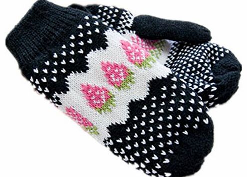 Fashion Lady Girls Strawberry Knitted Keeping Hands Warm Gloves, Black