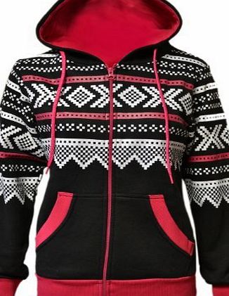 NEW WOMENS LADIES HOODIES AZTEC PRINT GIRLS HOODED ZIP UP SWEATSHIRT JACKET HOODIE HOODY TOP BLACK GREY CHARCOAL NAVY BABY PINK ROYAL BLUE CREAM WINE DENIM BLUE SIZE 8 10 12 14 (M/L(12-14), Black)