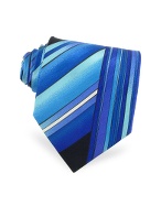 Vitaliano Pancaldi Handmade Blue Variegated Lines Printed Silk Tie