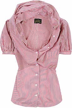 Red-and-white striped fitted blouse with shawl collar.