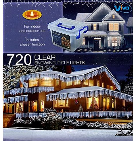 Vivo 720 White LED Christmas Icicle Lights with 8 Mode Chaser Function and Hard Plastic Carry Storage Box Indoor Outdoor Xmas Mains Powered
