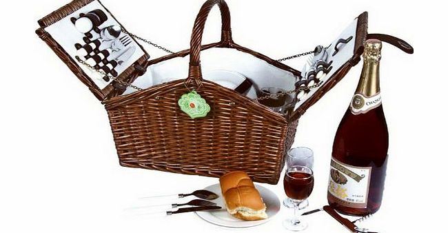 VivoCountry 4 Person Classic English Willow Picnic Basket Hamper with Cutlery, Corkscrew, Wine Glasses, Plates