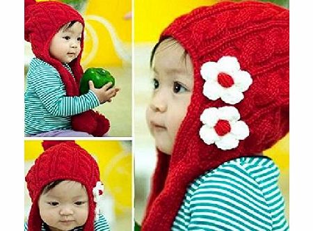 Vktech Crochet Baby Toddler Girl Boy Flower Embellish Winter Hat Cap Ears Protect (Red)
