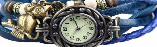 Vktech Vintage Girl Bracelet Wrist Watch Braid Leather Watchband Owl Pendant (Blue)