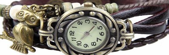 Vktech Vintage Girl Bracelet Wrist Watch Braid Leather Watchband Owl Pendant (Deep Coffee)