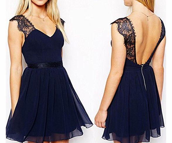 Womens Backless Lace Party Dress Strapless V Neck Bodycon Sundress (XL)