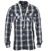 Voi Jeans Navy Check Long Sleeve Hooded Shirt