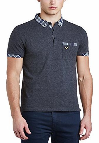 Jeans Mens Macker Checkered Button Front Short Sleeve Polo Shirt, Grey (Charcoal Marl), Large