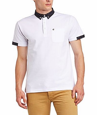 VOI  Jeans Mens Regal Polka Dot Button Front Short Sleeve Polo Shirt, White, Large