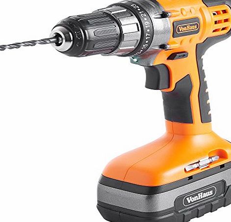 18V Ni-Cd Cordless Drill complete with blow-mould carry case and accessories.