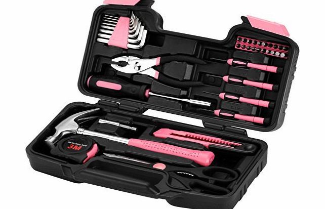 VonHaus Pink Ladies / Womens 39 Piece Household Hand Tool Set Kit Box with Hard Storage Case