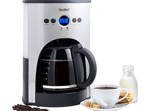 VonShef 1100W Digital Filter Coffee Maker, 15 Cup Capacity with Fully Programmable Function and Re-usable Mesh Filter
