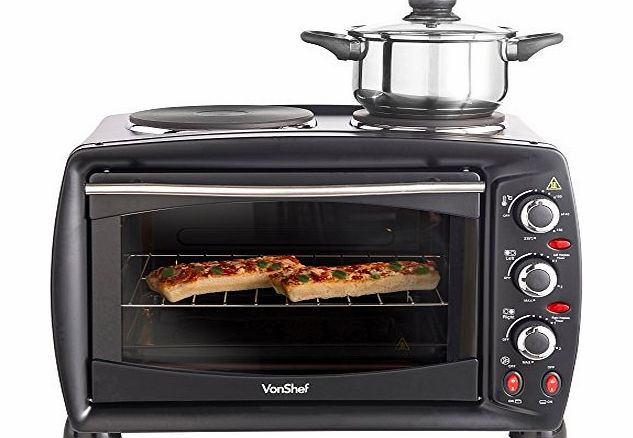 VonShef 26 Litre Convection Mini Oven amp; Grill with Hob / Double Hot Plates 3100 Watt with Wire Rack, Bake Tray and a Non-Stick Coating Crumb Tray