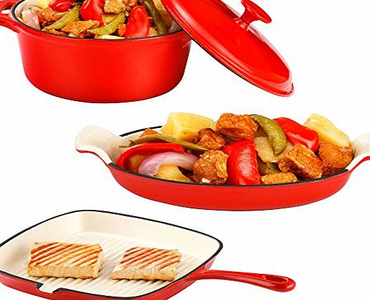 VonShef Cast Iron Dishes Set of 3 Casserole, Gratin and Griddle Set Oven to Table Cookware