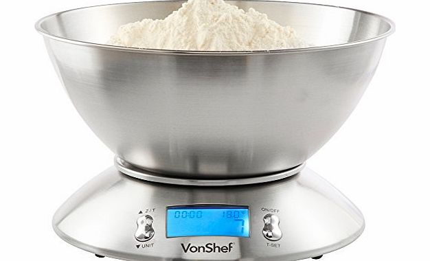 VonShef High Quality 5kg/11lb Digital Electronic Kitchen Scales with Stainless Steel Mixing Bowl