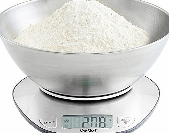 VonShef Precise Digital Mixing Bowl Kitchen Scales with 5kg Capacity - Stainless Steel - FREE 2 Year Warranty
