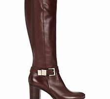 Brown leather and gold-tone buckle boots