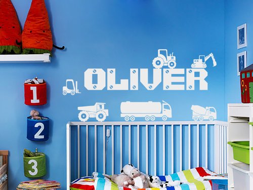 Personalised Name Boys Wall Art Sticker - Lorry, Trucks, Tractor, Digger, Cars - Choice of Colours