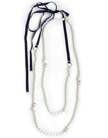 Long White Onyx And Navy Ribbon Necklace