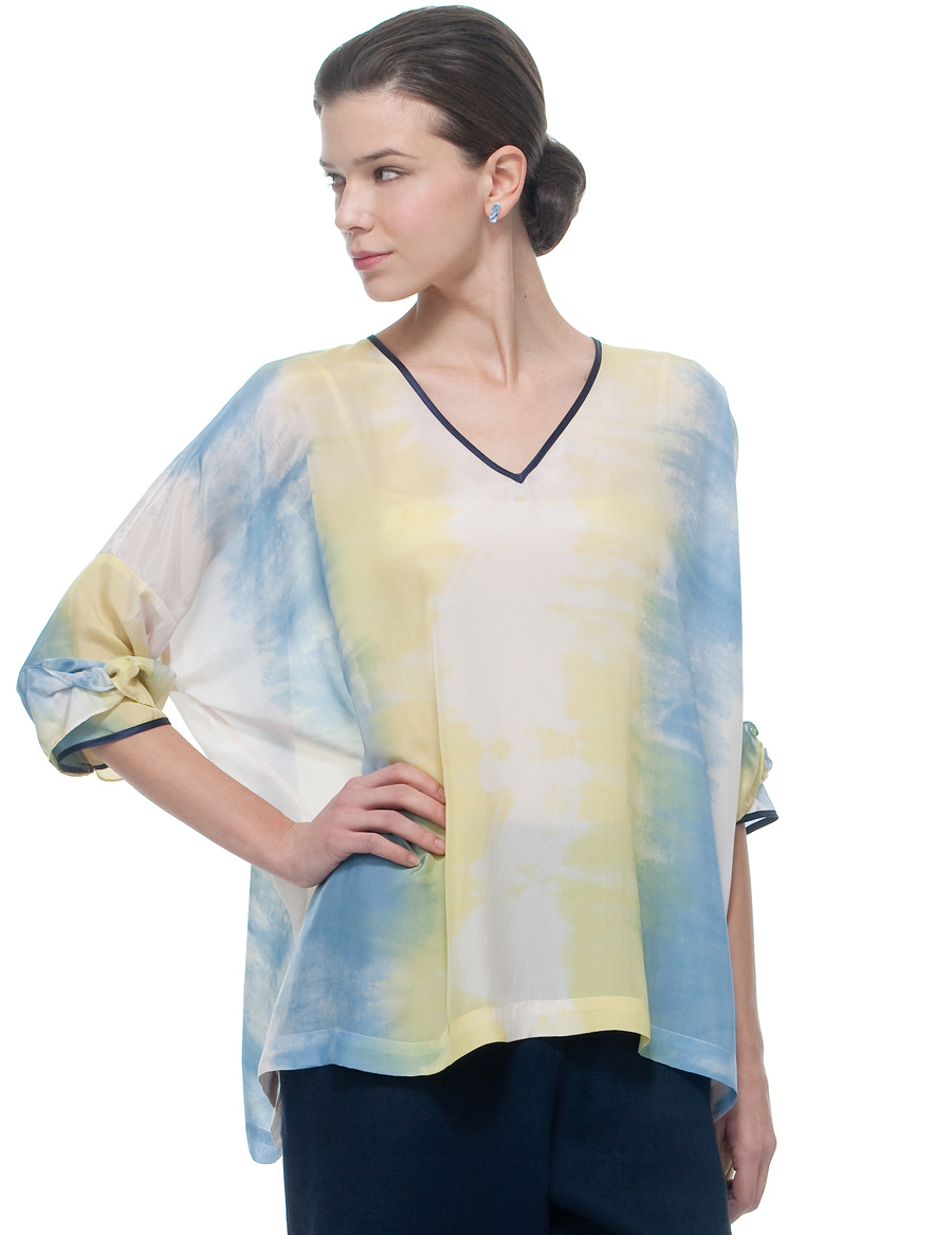 Watercolour V Neck Top With Ruched Sleeves