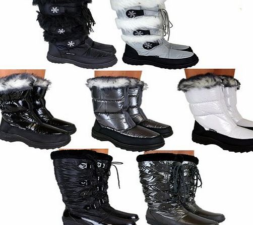 Womens Ladies S1A Black / Pewter Patent Winter Faux Fur Waterproof Jogger Moon Yeti Flat Ski Snow Boots Size 3