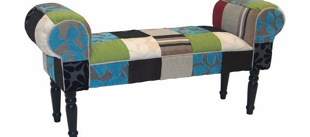 WATSONS PLUSH PATCHWORK - Shabby Chic Chaise Pouffe Stool / Wood Legs - Blue / Green / Red