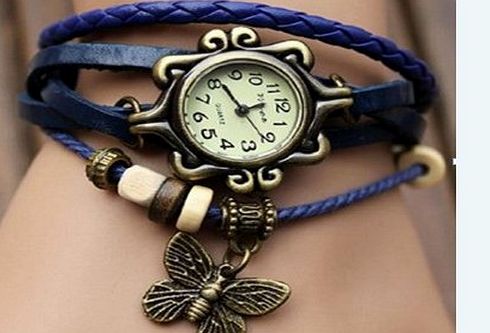 WAWO BeautyLife Vintage Bronze Womens Ladies Weave Wrap Leather Bangle Bracelet Quartz Watch (Blue Butter
