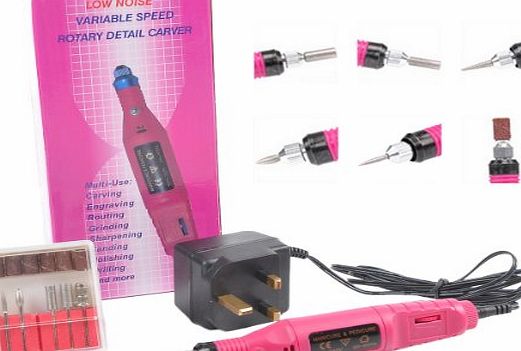 WAWO Mofun Variable Speed Rotary Detail Carver Deep Pink Electric Pen-Shape Nail Art File Drill   6 Bits Acrylic UK plug