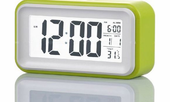 WAYCOM Silent Digital 6`` Alarm Clock with Date and Temperature Display, Repeating Snooze, Light-activated Sensor Light and Touch-activated Nightlight- Batteries(Green)