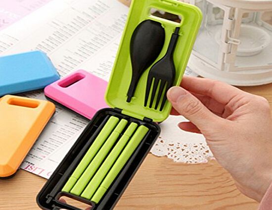 WAYCOM Travel Case with Portable Folding Tableware Set- Chopsticks,Spoon, Fork,and Carrying Case for Kids Children Baby (Green)