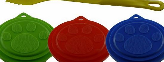 We Search You Save NEW - MULTI-COLOURED 3 x PET FOOD LID COVERS - WITH SERVING FORK / SPOON - FITS STANDARD SIZE CANS