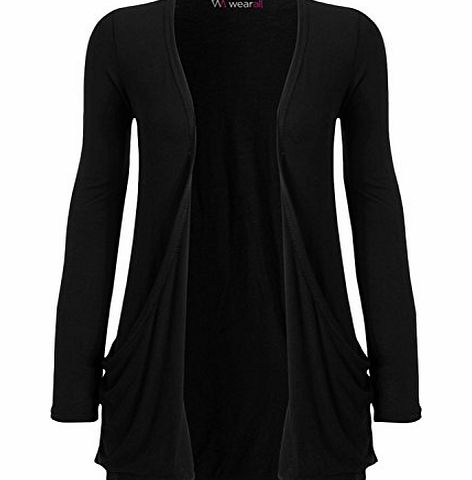 WearAll - Ladies Long Sleeve Pocket Cardigan Womens Top - Black - 12 / 14
