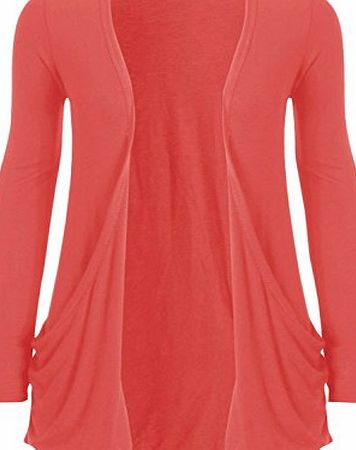 WearAll - Ladies Long Sleeve Pocket Cardigan Womens Top - Coral - 12/14