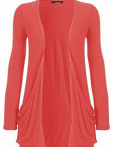 WearAll - Ladies Long Sleeve Pocket Cardigan Womens Top - Coral - 8/10