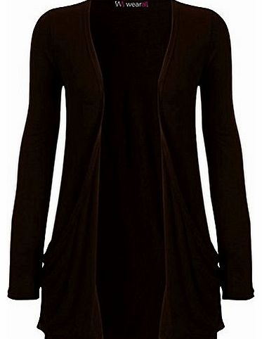 WearAll - Ladies Long Sleeve Pocket Cardigan Womens Top - Dark Brown - 8 / 10