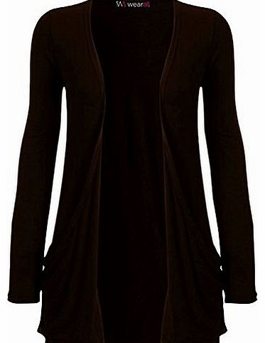 WearAll - Ladies Long Sleeve Pocket Cardigan Womens Top - Dark Brown - 8 / 10