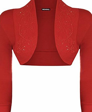 WearAll Ladies Beaded Shrug Womens Bolero Cardigan Top Red 24/26