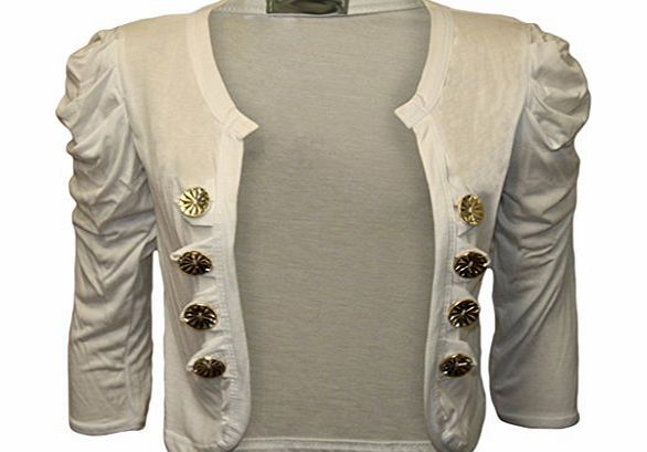 WearAll Ladies Button Design Stretch Shrug Cardigan Ruched Short Sleeve Womens Top White 12/14