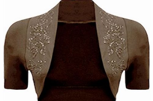 WearAll New Ladies Plus Size Beaded Shrug Womens Short Sleeve Bolero Cardigan Top Mocha 24/26