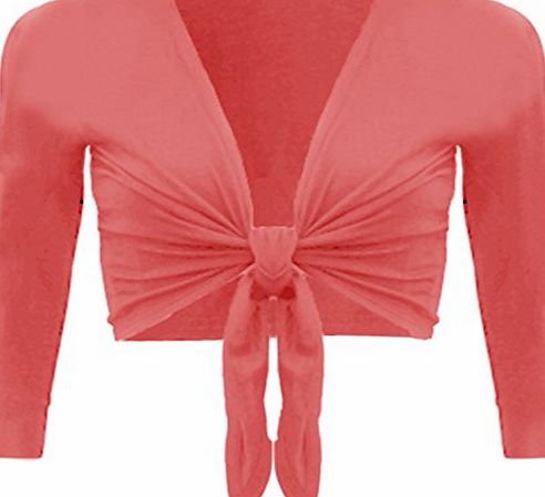 WearAll New Ladies Shrug Tie Up Long Sleeve Top Womens Coral 8/10