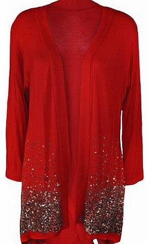 New Plus Size Ladies Sequin Cardigan Long Sleeve Womens Sparkle Top - Red - 16-18