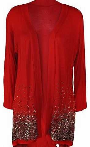 WearAll New Plus Size Ladies Sequin Cardigan Long Sleeve Womens Sparkle Top - Red - 16-18
