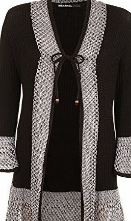 WearAll New Womens Open Knit Crochet Detail Long Sleeve Tie Up Ladies Cardigan Top - Black - 8-10