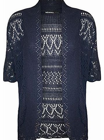 WearAll Plus Size Womens Crochet Knitted Short Sleeve Ladies Shrug Cardigan Top - Navy Blue - 24-26