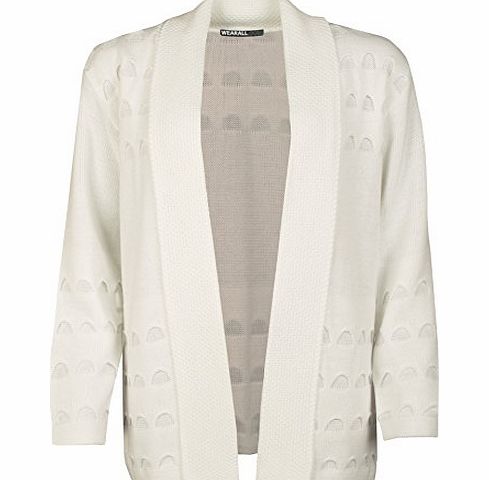 WearAll Plus Size Womens Cut Out Open Long Sleeve Top Ladies Knitted Cardigan - White - 16-18