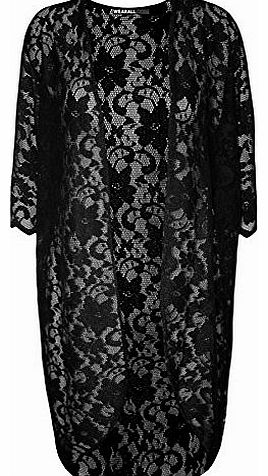 WearAll Plus Size Womens Floral Lace Short Sleeve Open Ladies Long Cardigan - Black - 18