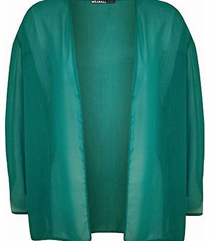 WearAll Plus Size Womens Plain 3/4 Sleeve Ladies Open Kimono Cardigan Top - Green - 16-18