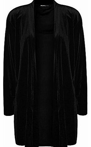 WearAll Plus Size Womens Plain Velour Long Sleeve Ladies Top Open Cardigan - Black - 18-20