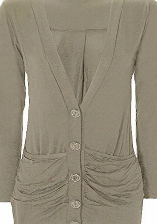 WearAll Plus Size Womens Ruched Pocket Button Cardigan Ladies Long Sleeve Top - Light Grey - 16/18