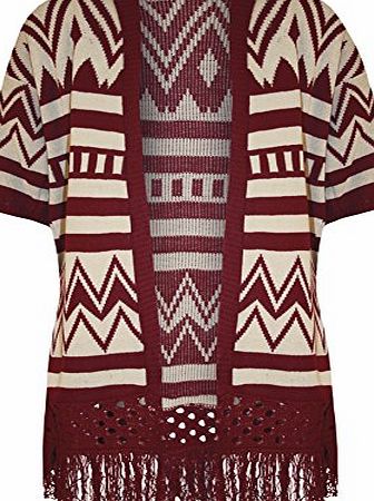 WearAll Womens Aztec Print Short Sleeve Open Top Ladies Tassel Knitted Cardigan - Wine - 12-14